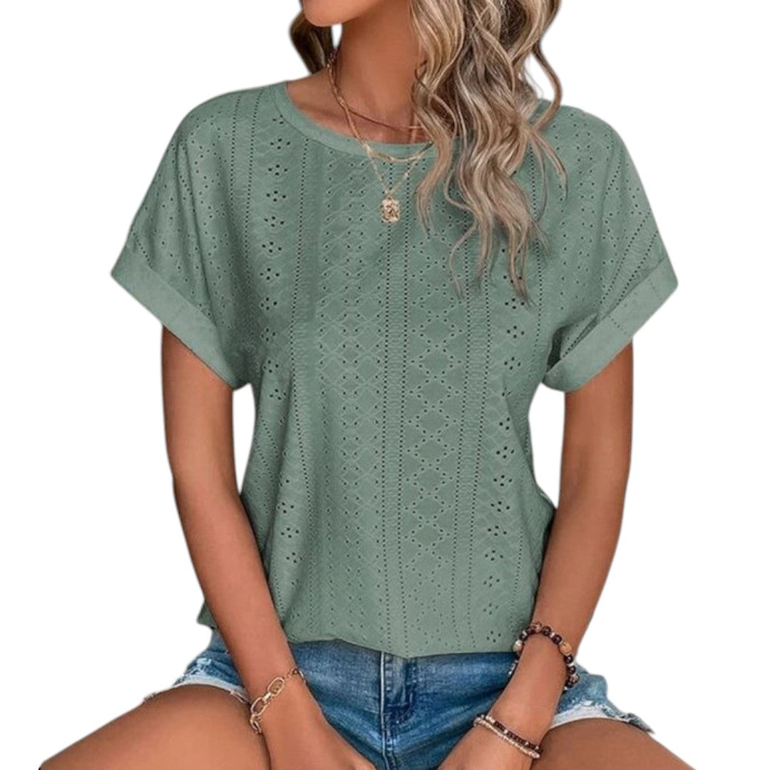 T-shirt feminina com padrão rendado e mangas curtas