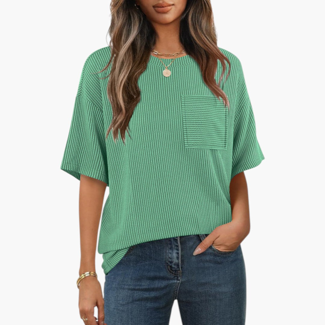 T-shirt de mulher às riscas com bolso no peito