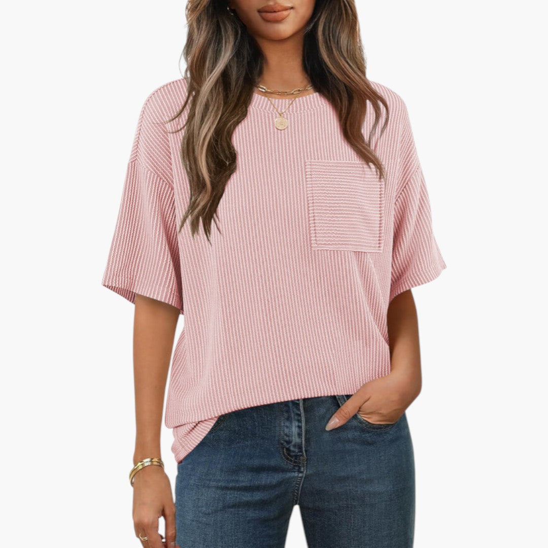 T-shirt de mulher às riscas com bolso no peito