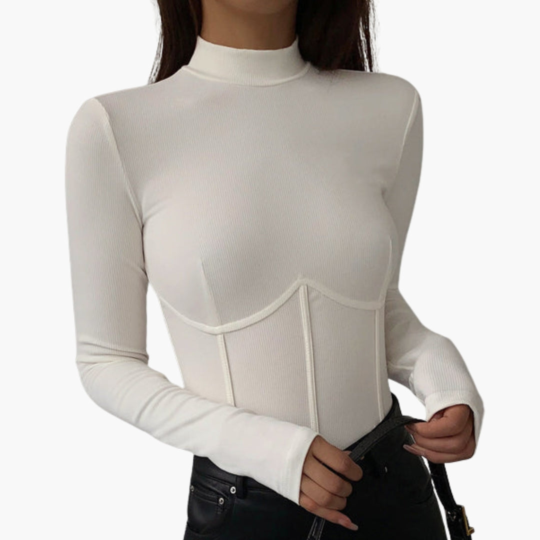 Maglietta donna con collo alto e dettagli bordati