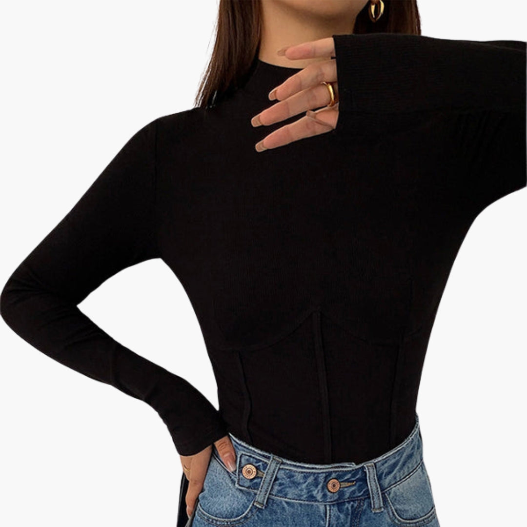 Maglietta donna con collo alto e dettagli bordati