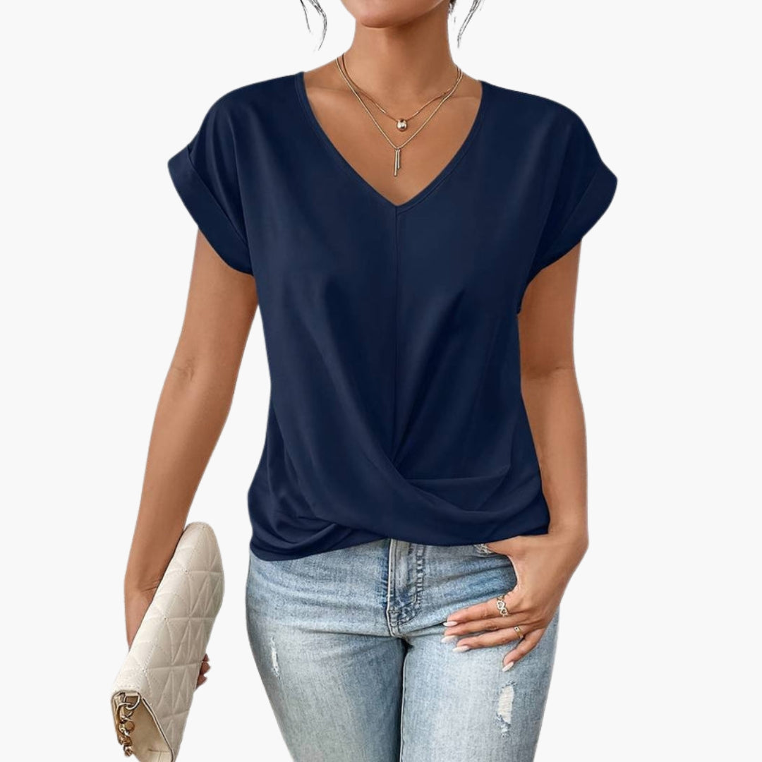 Maglietta donna con scollo a V e orlo intrecciato sul davanti