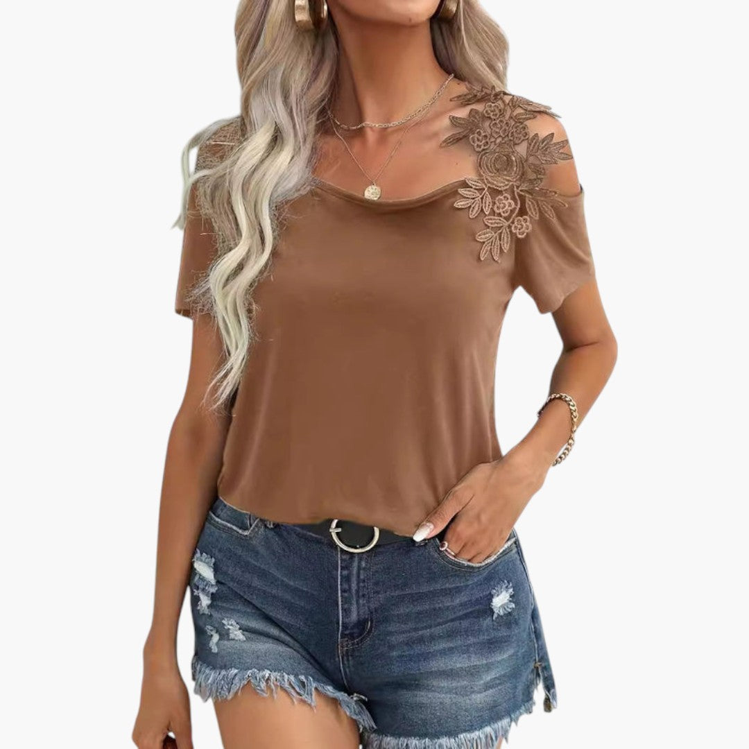 Maglietta donna scollo ampio con applicazione floreale