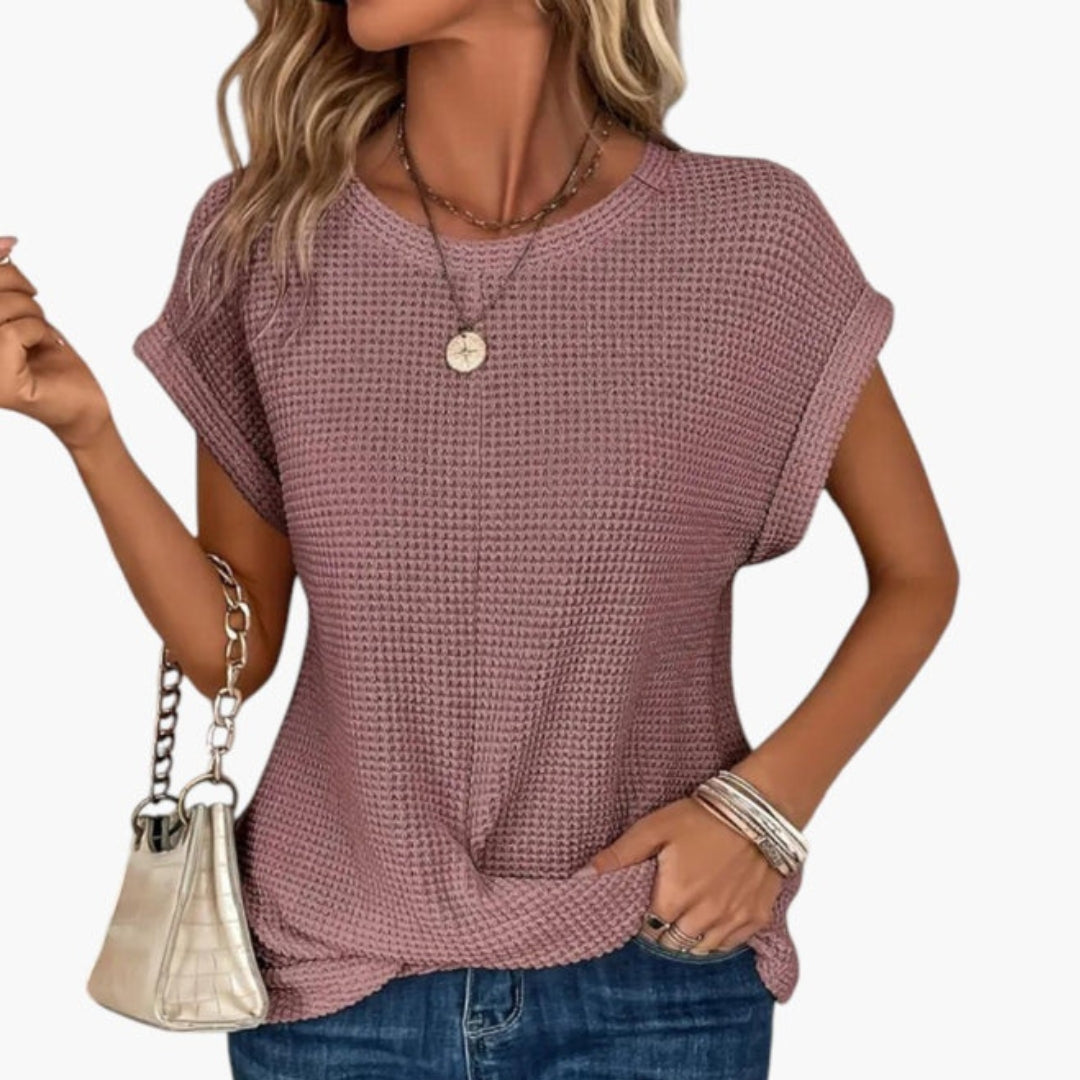 Maglietta donna con scollo rotondo e orlo intrecciato sul davanti