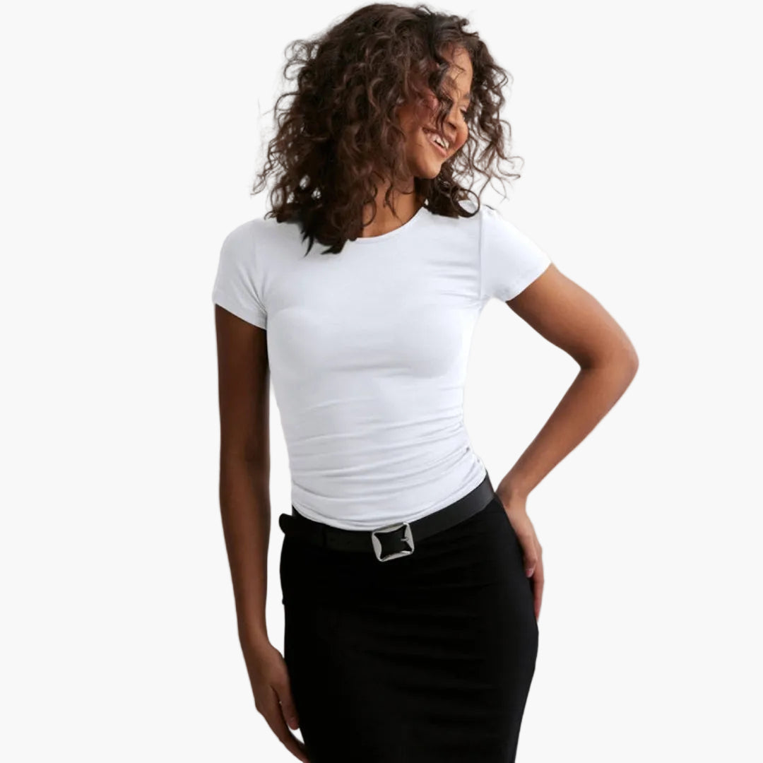T shirt femme col rond coupe ajustée a maille extensible