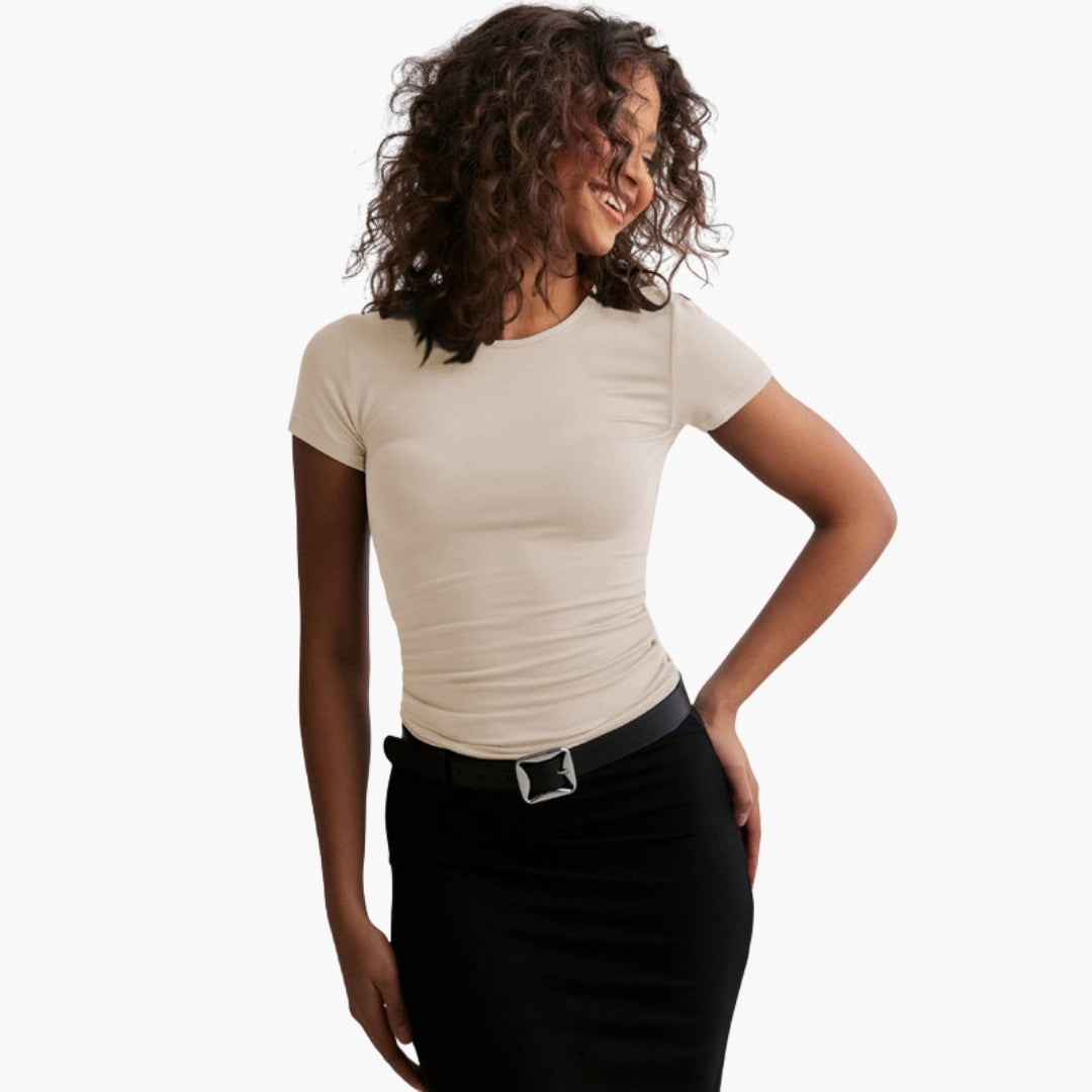T shirt femme col rond coupe ajustée a maille extensible
