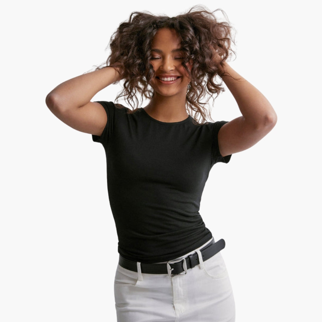 T shirt femme col rond coupe ajustée a maille extensible