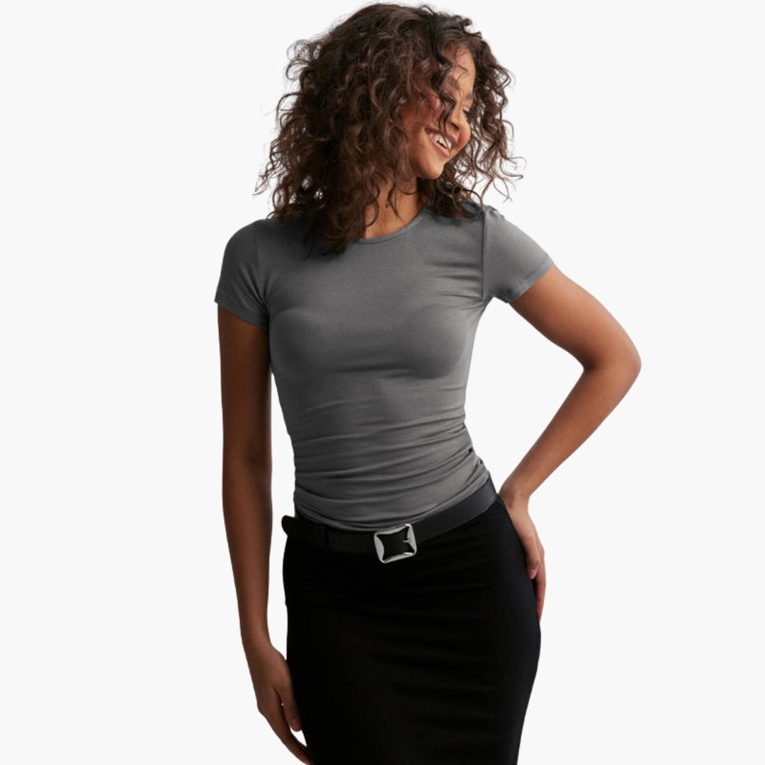 T shirt femme col rond coupe ajustée a maille extensible