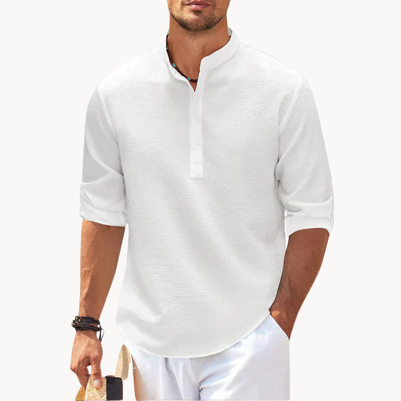 Chemise homme col tunisien | Manches trois quarts, patte boutonnée | Coupe moderne respirante, style décontracté chic