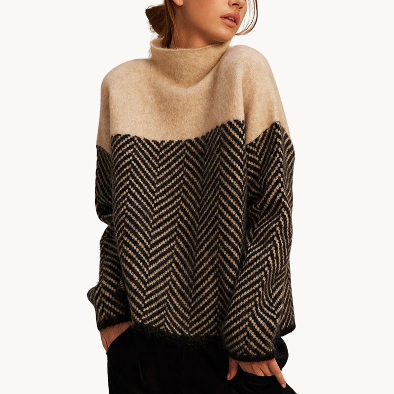 Pull femme motif chevron bicolore | Coupe ample col cheminée douillet | Style moderne casual, maille douce