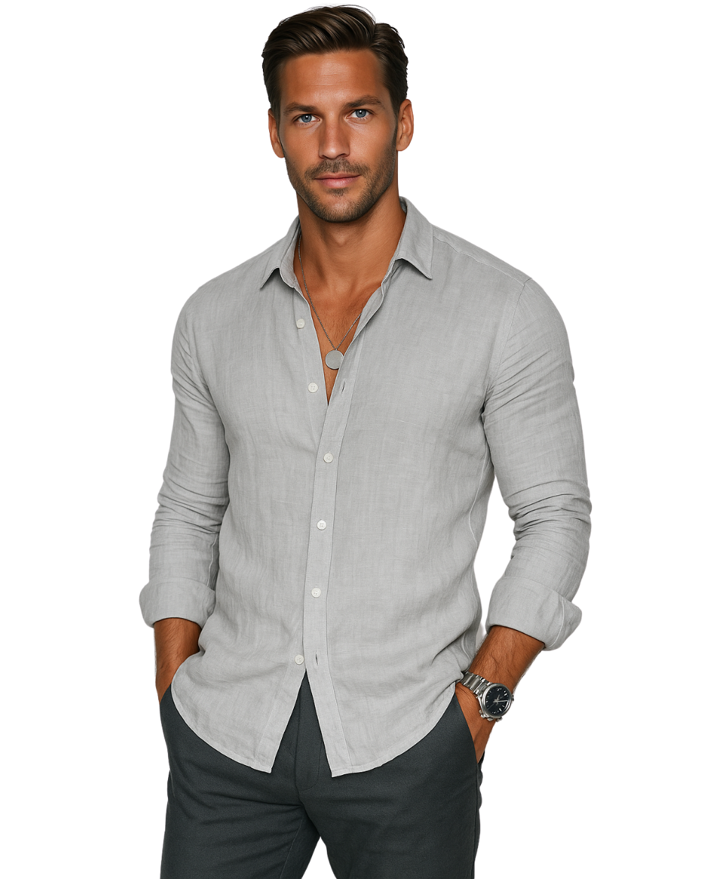 Chemise homme manches longues | Col classique, coupe ajustée | Manches retroussables, boutonnage intégral, coloris unis
