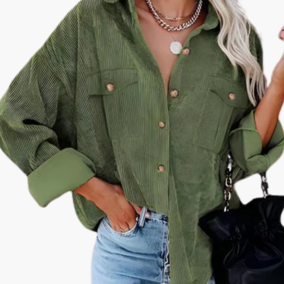 Veste Chemise Côtelée Femme avec Fermeture à Boutons et Poches Frontales