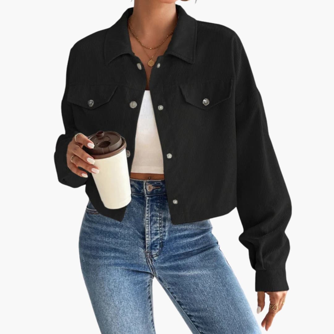 Women's Ribbed Short Jacket with Button Closure