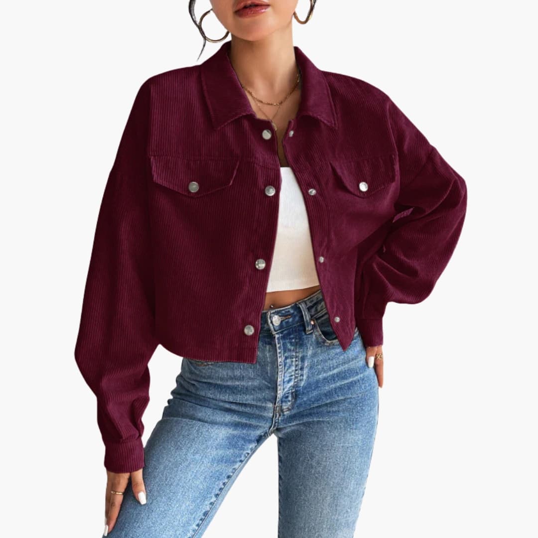 Women's Ribbed Short Jacket with Button Closure