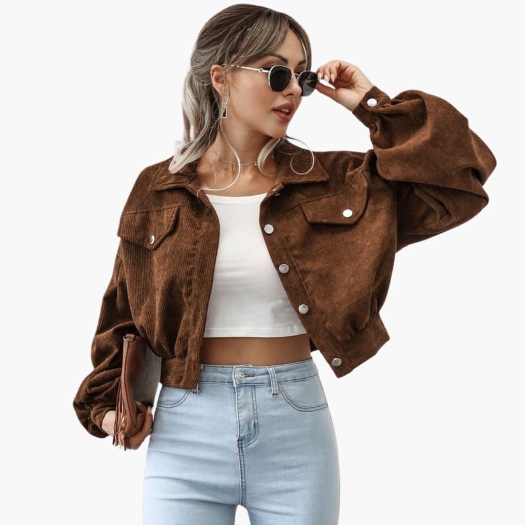 Veste Courte Femme Côtelée avec Manches Bouffantes