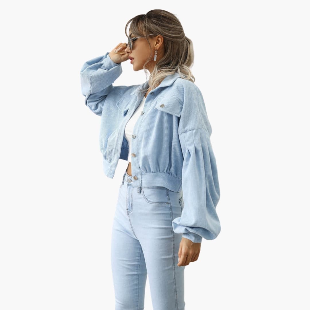 Veste Courte Femme Côtelée avec Manches Bouffantes