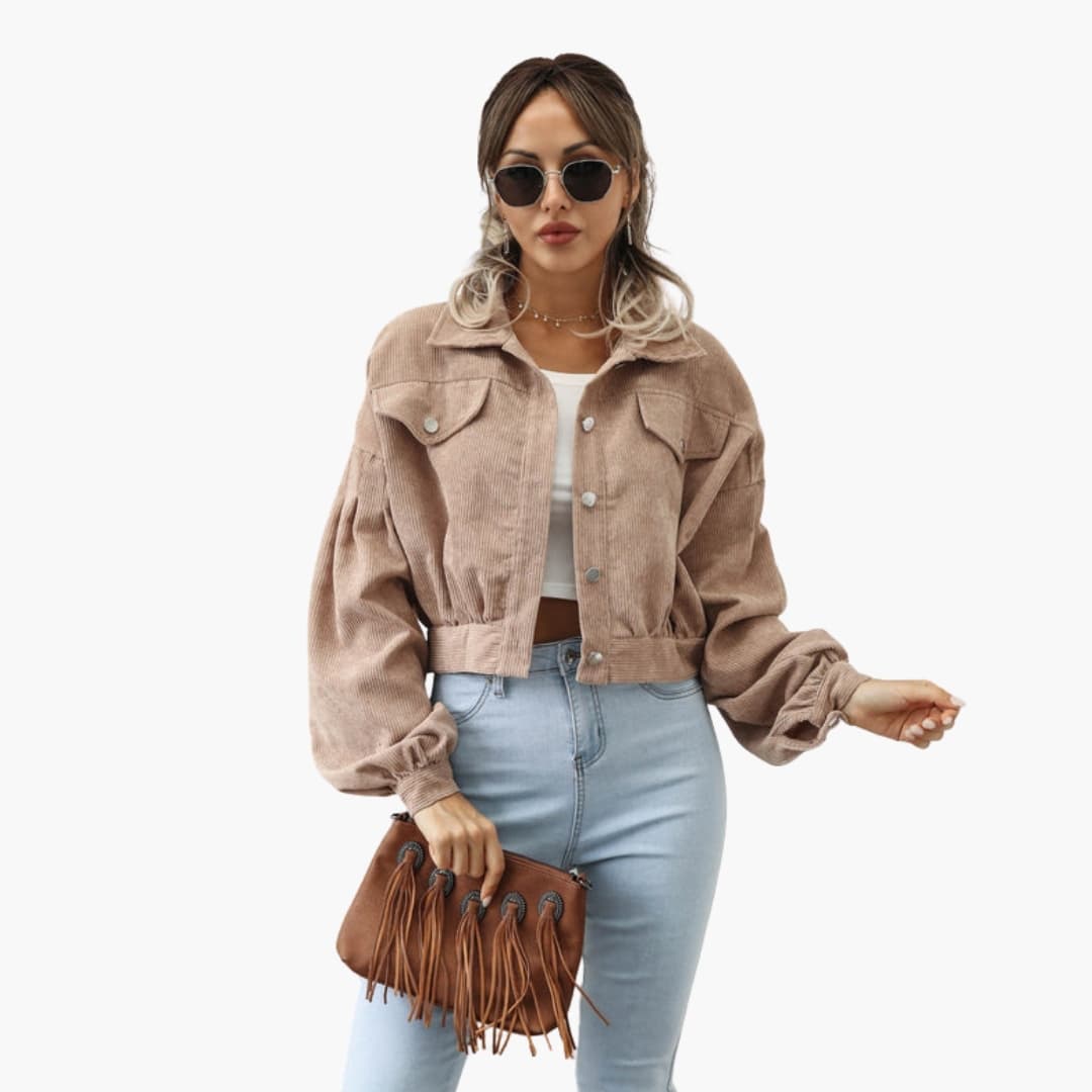 Veste Courte Femme Côtelée avec Manches Bouffantes
