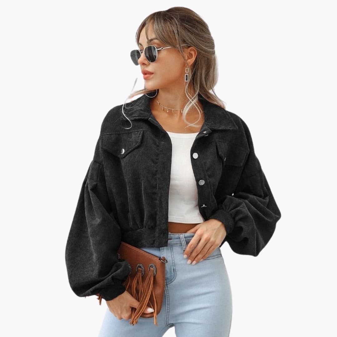 Veste Courte Femme Côtelée avec Manches Bouffantes