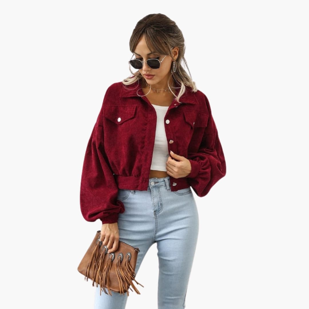 Veste Courte Femme Côtelée avec Manches Bouffantes