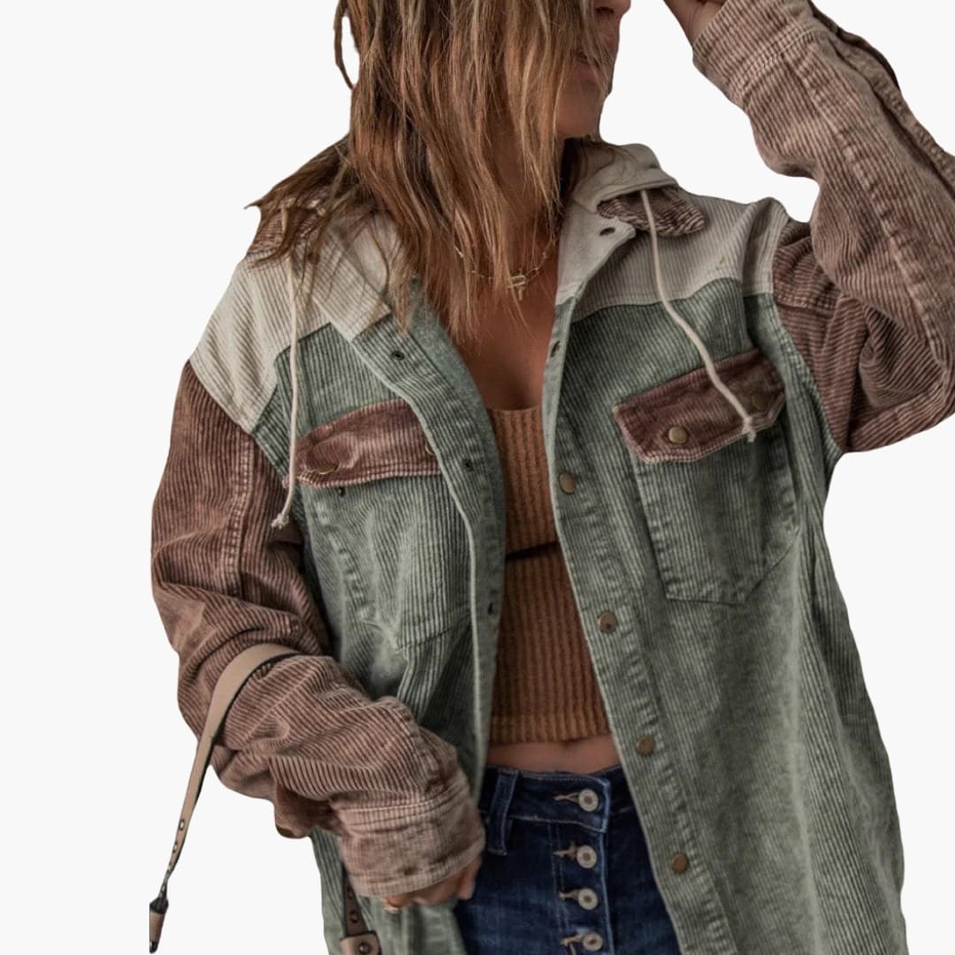 Veste Rétro Côtelée Femme avec Capuche et Design Color Block