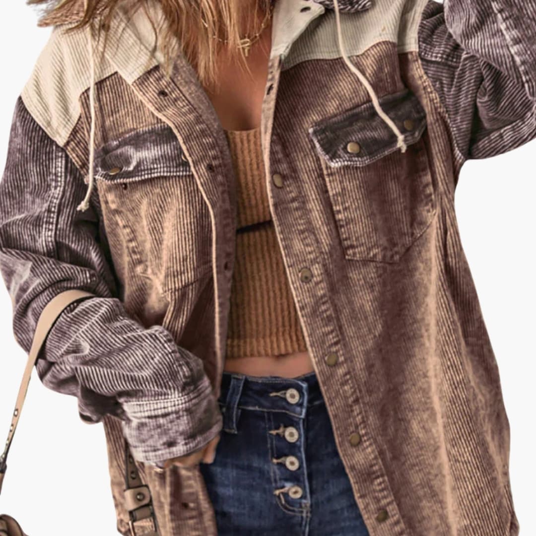 Veste Rétro Côtelée Femme avec Capuche et Design Color Block