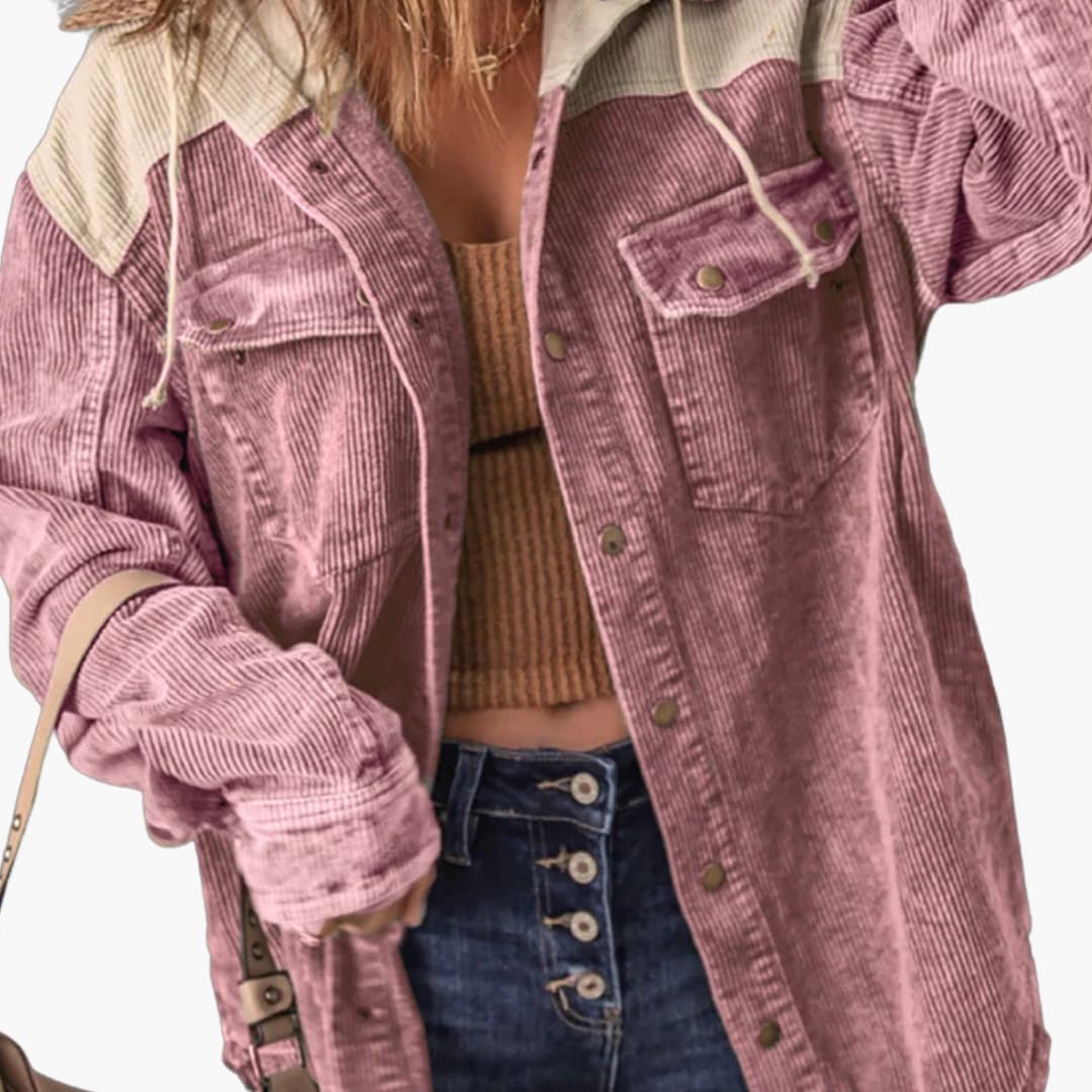 Chaqueta Retro Acanalada para Mujer con Capucha y Diseño Color Block