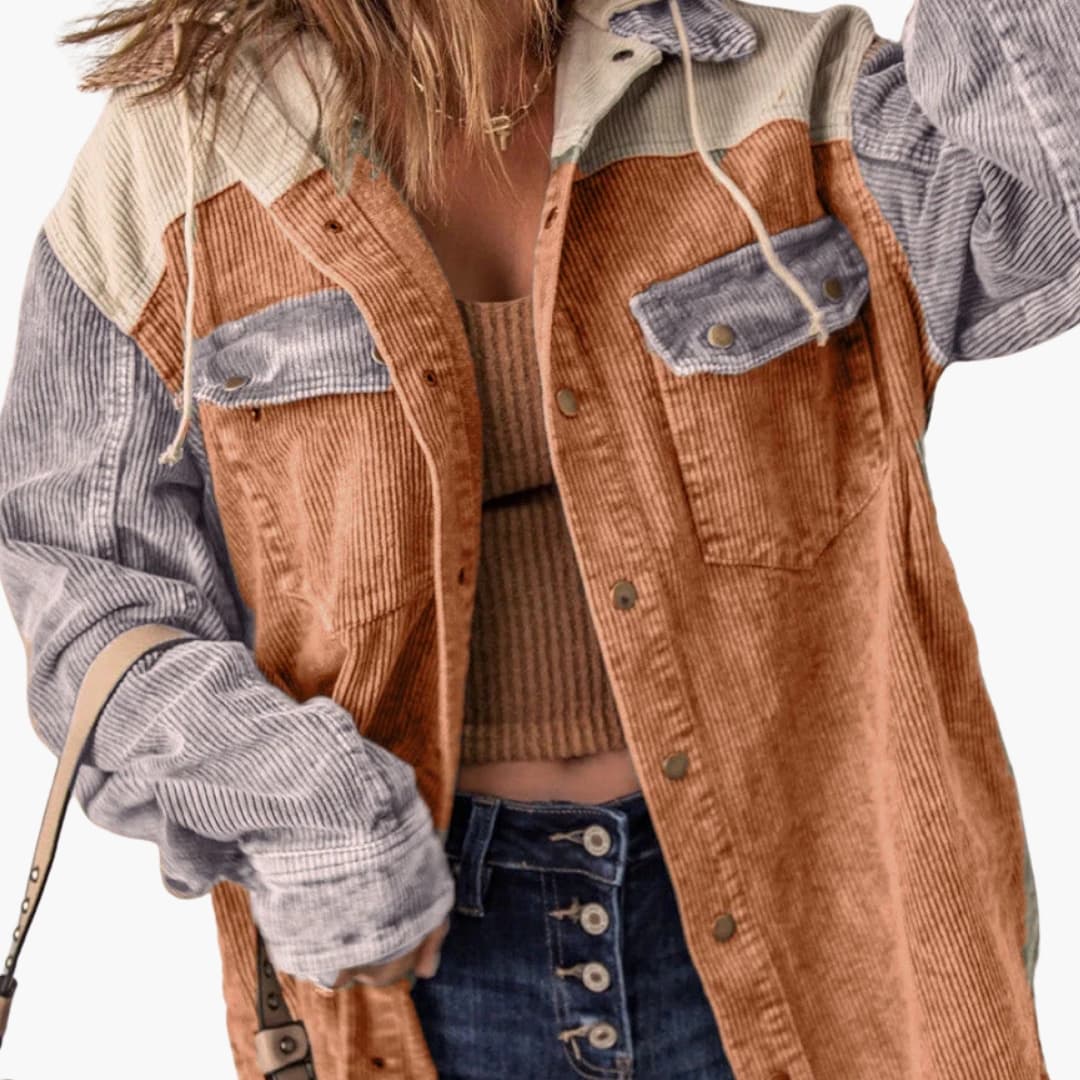 Chaqueta Retro Acanalada para Mujer con Capucha y Diseño Color Block