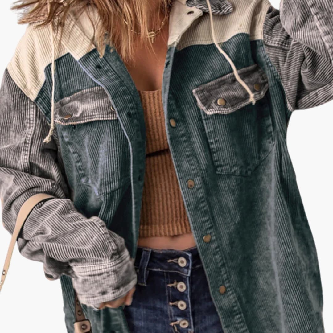 Chaqueta Retro Acanalada para Mujer con Capucha y Diseño Color Block