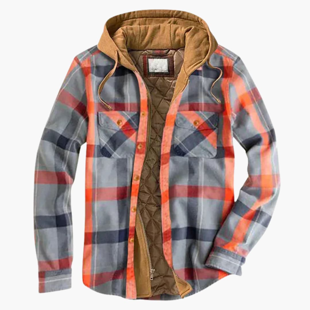 Veste à capuche à carreaux pour homme avec fermeture à boutons et poches poitrine
