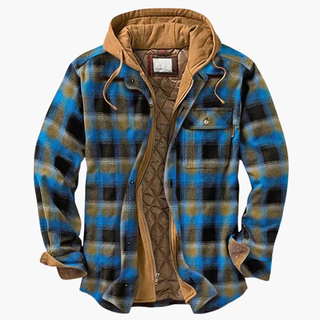 Veste à capuche à carreaux pour homme avec fermeture à boutons et poches poitrine