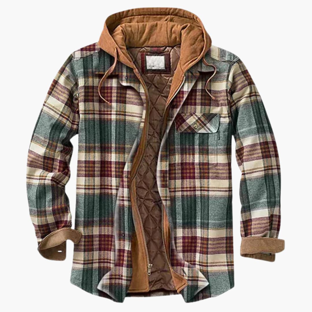 Veste à capuche à carreaux pour homme avec fermeture à boutons et poches poitrine