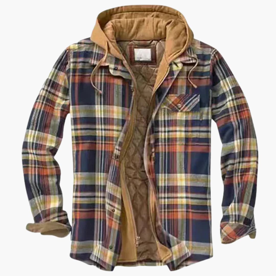 Veste à capuche à carreaux pour homme avec fermeture à boutons et poches poitrine