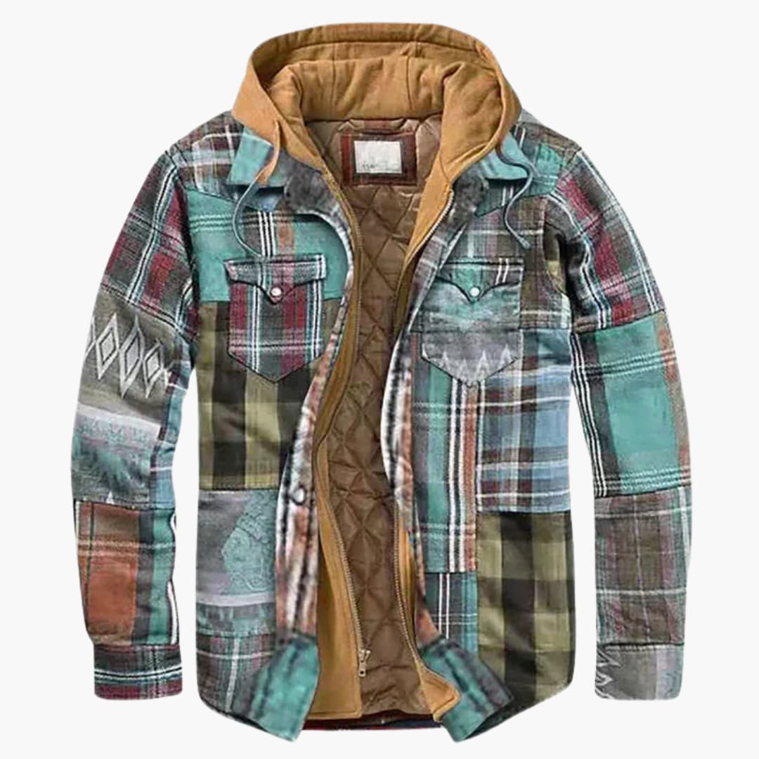 Veste à capuche à carreaux pour homme avec fermeture à boutons et poches poitrine