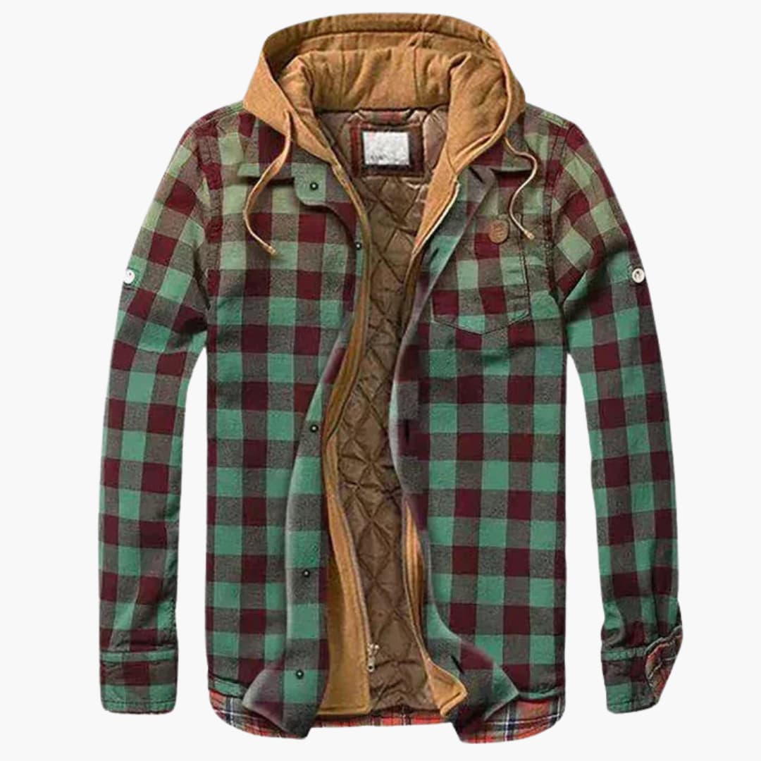 Veste à capuche à carreaux pour homme avec fermeture à boutons et poches poitrine