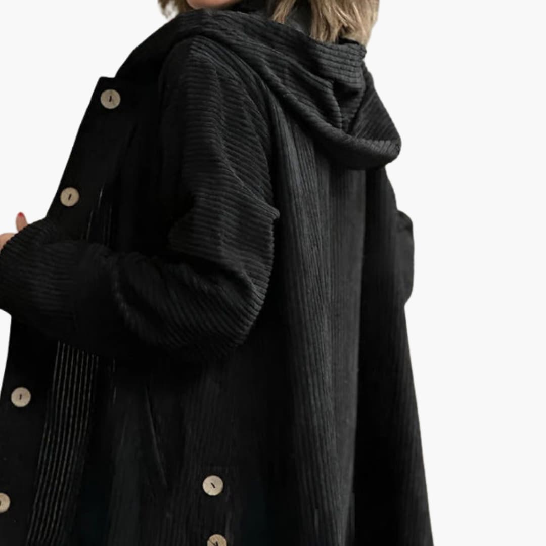 Corduroy hooded jacket for women with button closure and side pockets