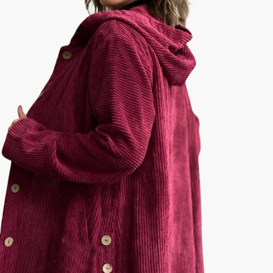 Corduroy hooded jacket for women with button closure and side pockets