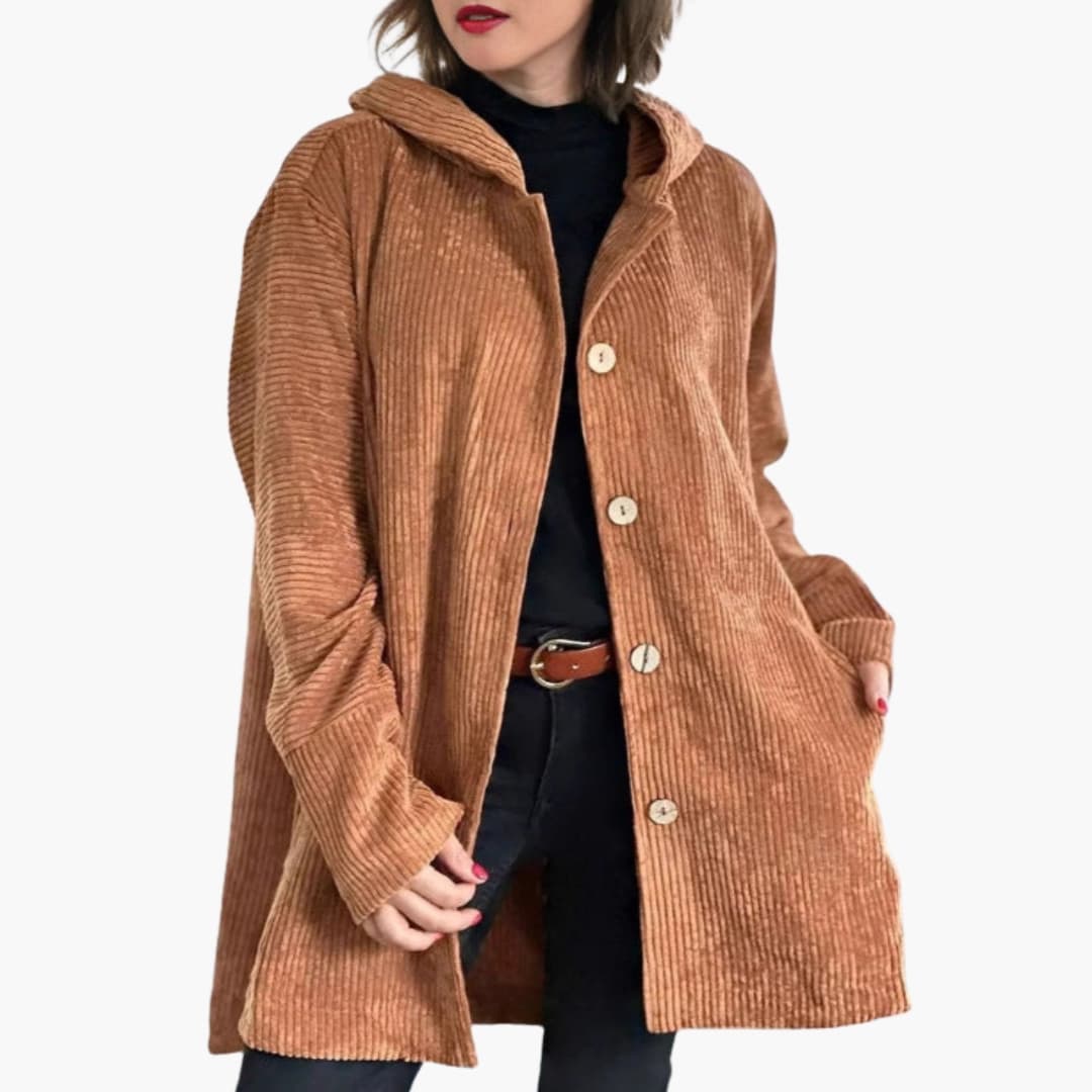 Veste à capuche en velours côtelé pour femme avec fermeture à boutons et poches latérales
