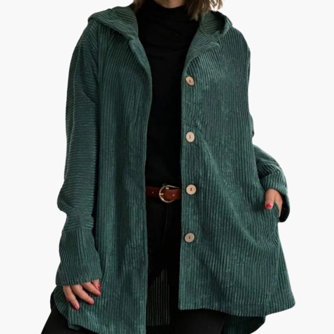 Veste à capuche en velours côtelé pour femme avec fermeture à boutons et poches latérales