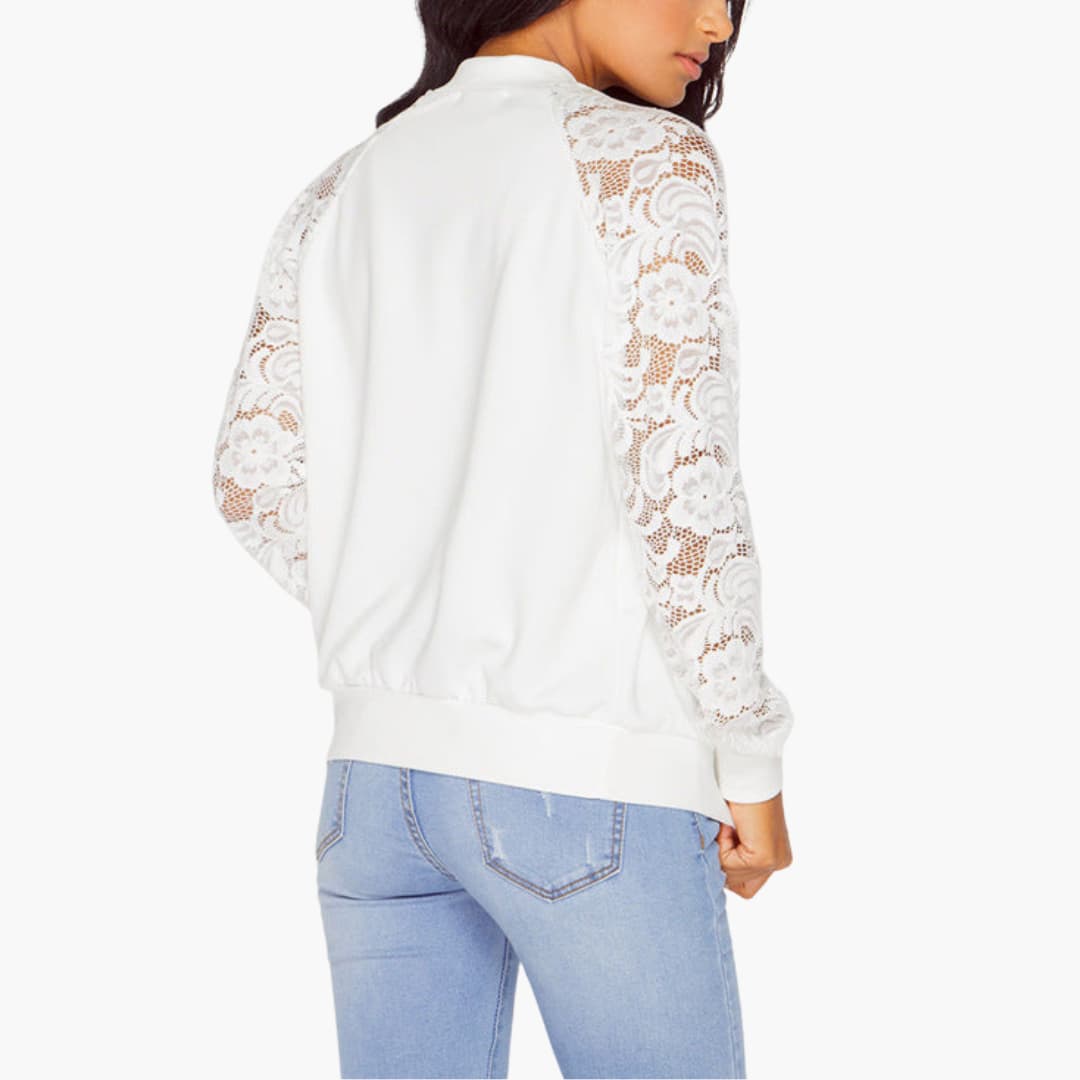 Chaqueta bomber para mujer con mangas de encaje y cierre con cremallera