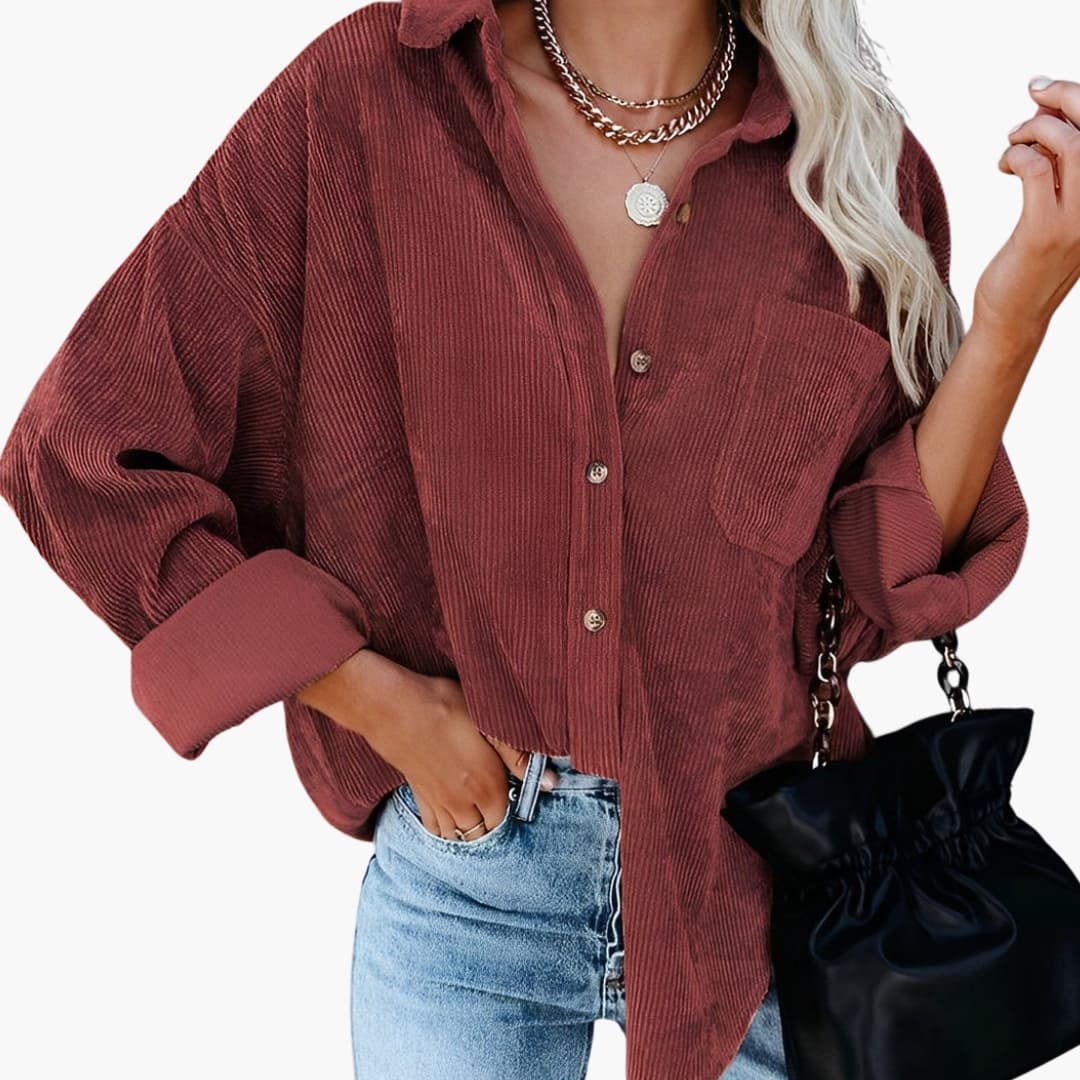 Veste chemise en velours côtelé pour femme avec fermeture à boutons et poche poitrine
