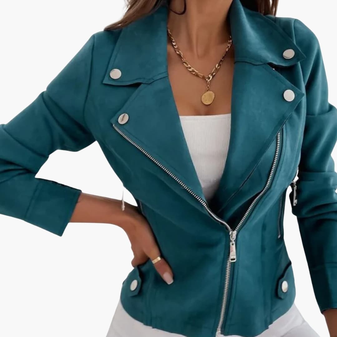 Casaco curto mulher com fecho de correr e gola estruturada