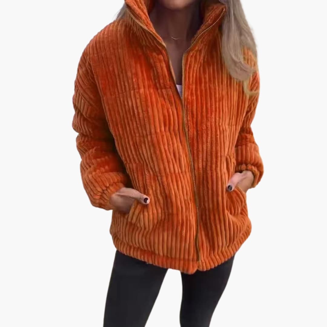 Veste d’Hiver Femme Côtelée Verte avec Fermeture Éclair