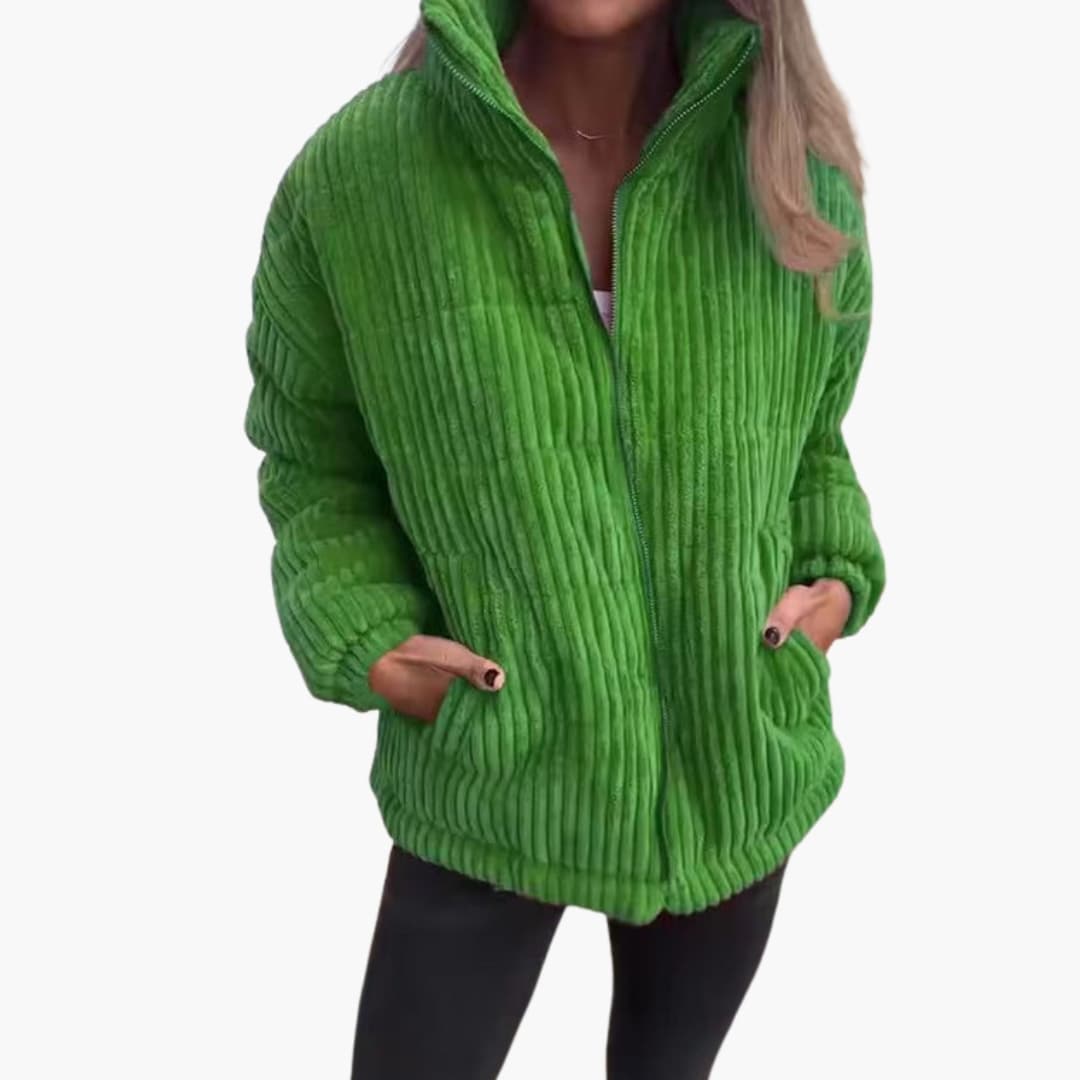 Veste d’Hiver Femme Côtelée Verte avec Fermeture Éclair