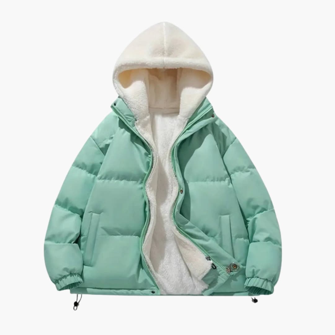 Vadderad vinterjacka för kvinnor med fleecefoder och justerbar huva