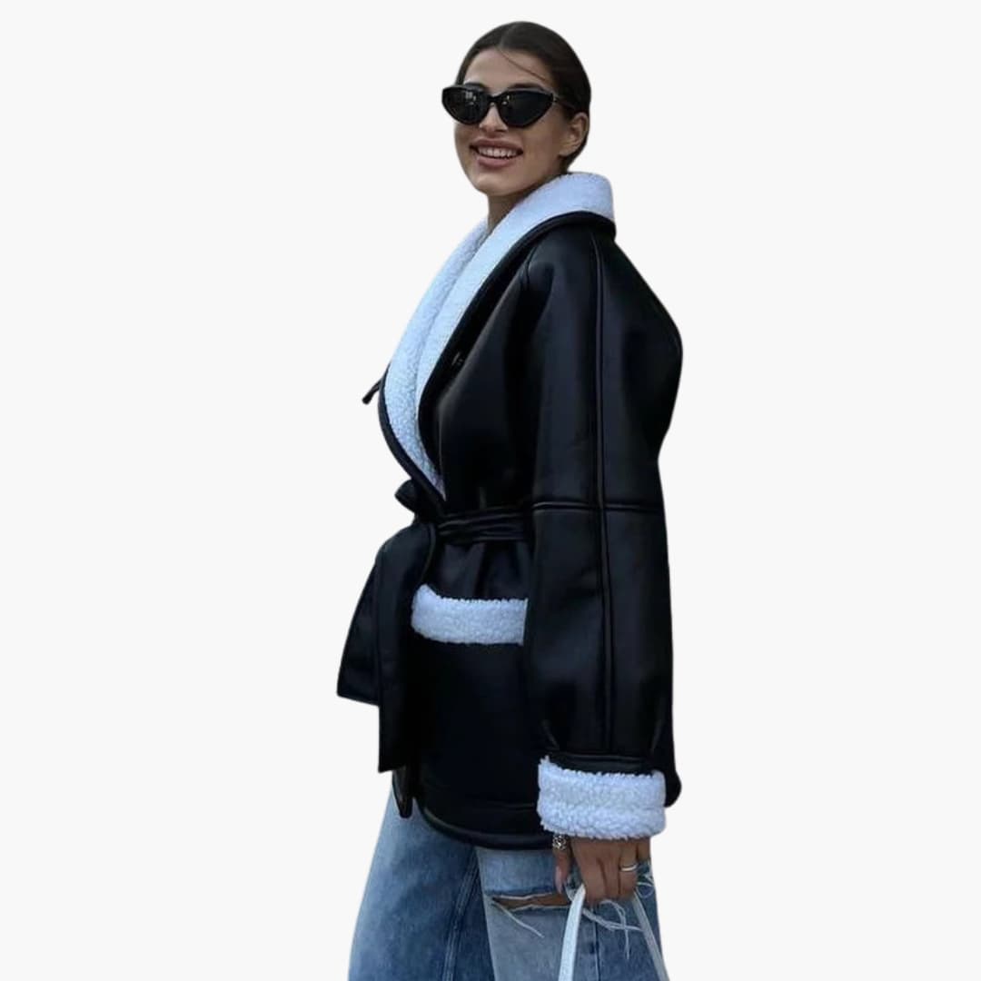 Veste femme ceinturée avec col châle et poches avant