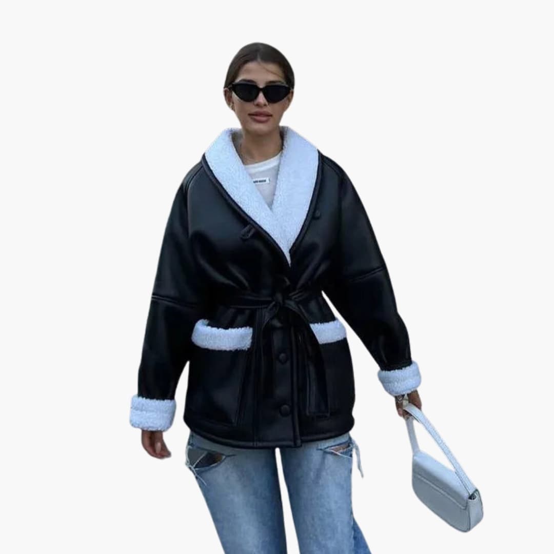 Veste femme ceinturée avec col châle et poches avant