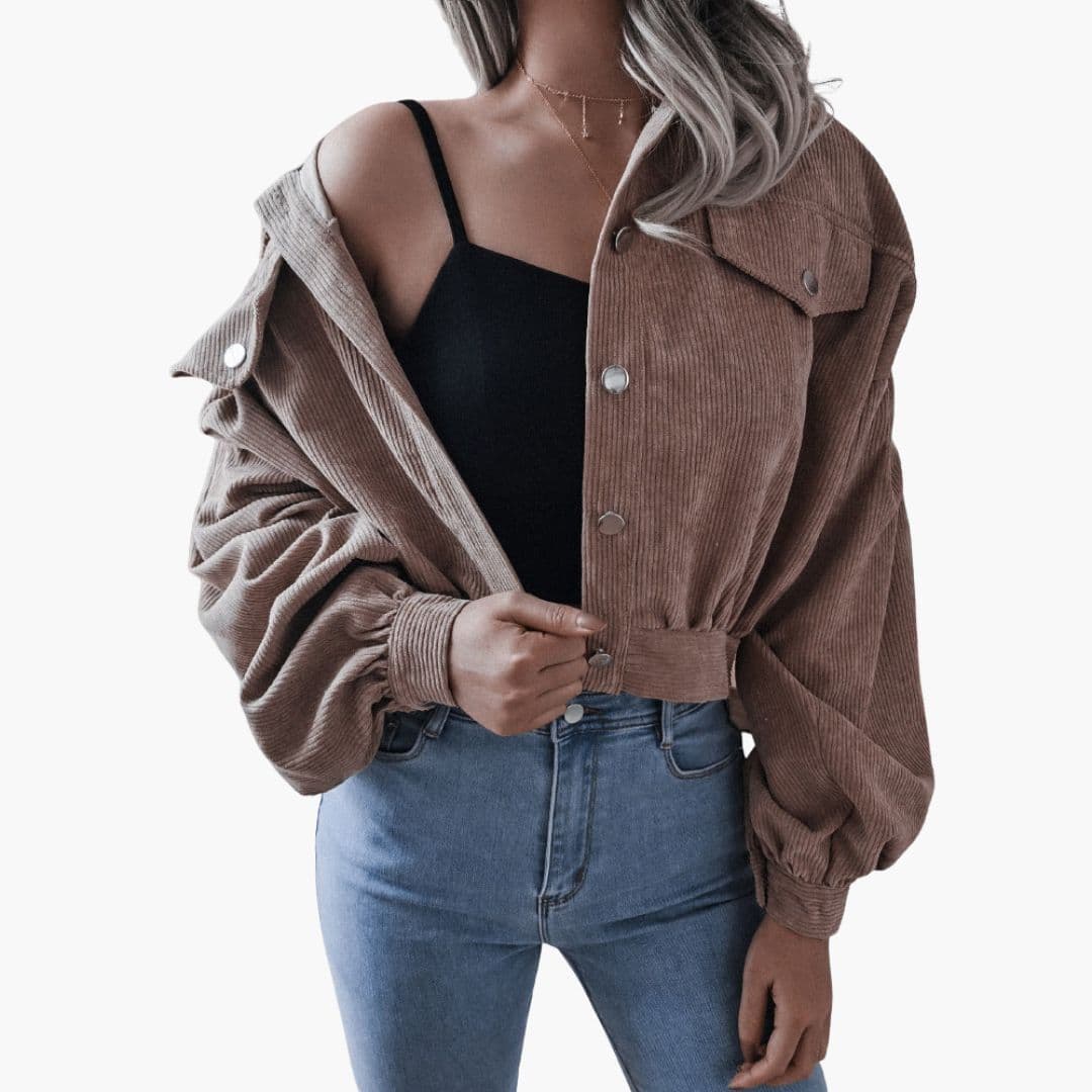 Veste femme courte en velours côtelé avec fermeture à pressions