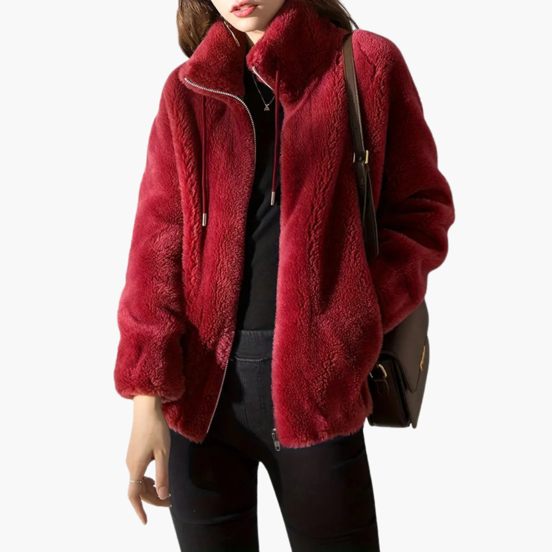 Giacca donna in materiale soffice con chiusura lampo e collo alto