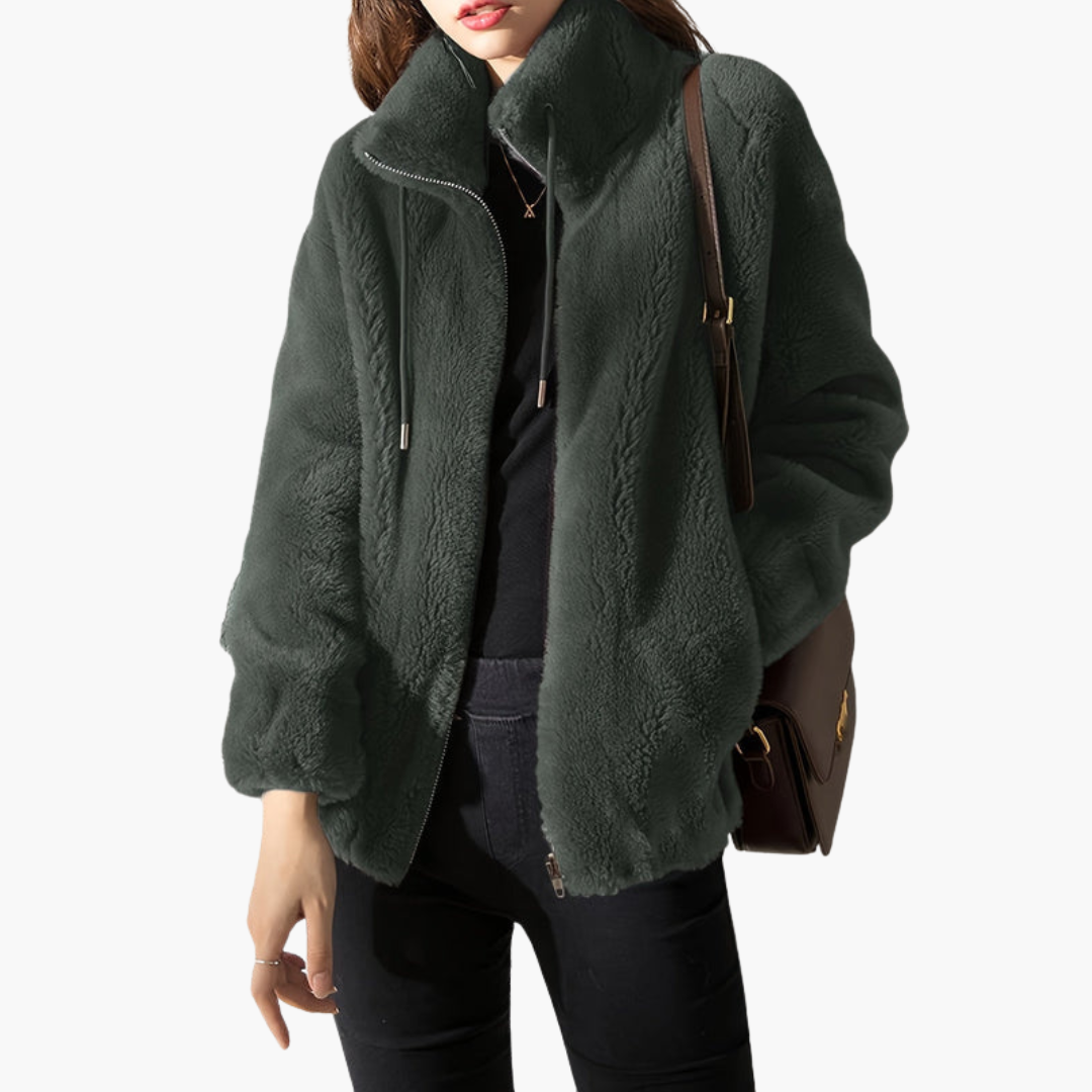 Giacca donna in materiale soffice con chiusura lampo e collo alto