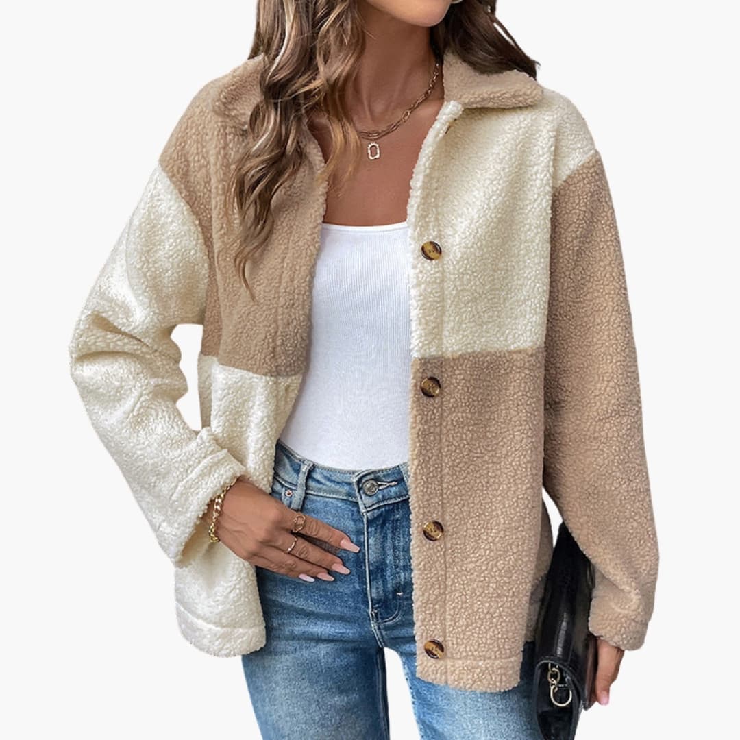 Veste femme en sherpa bicolore avec fermeture boutonnée